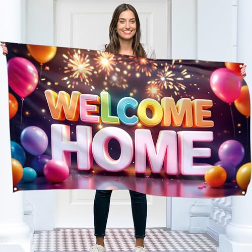 Cartel de bienvenida a casa – Cartel de bienvenida – Decoración de bienvenida para el hogar – 5 pies x 3 pies con imagen de globo de bienvenida a casa – Cartel de «We Missed You So Much» – Doble