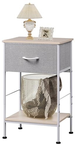 WLIVE Nachttisch, Beistelltisch mit Stoffschublade und Ablage, Nachtschrank Schlafzimmer mit Metallrahmen, für Wohnzimmer (Eiche/Weiß)