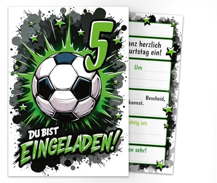 Junaversum 12 Einladungskarten zum 5. Kindergeburtstag Jungen Fußball Fussball Kinder coole bunte Einladungen fünfte Geburtstag Geburtstagseinladungen Kids