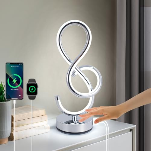 Vloitgol Lampe de Chevet Tactile LED Moderne, 3 Températures de Couleur, intensité variable, Avec Ports USB et Ports Type-C, Lampe de Table led pour Chambre Salon Atmosphère Cadeau Veilleuse - Argenté