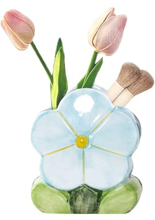 Make Up Kosmetik Organizer, Stifthalter aus Keramik, Blumenvase Keramik Klein Kerzenhalter Blumenform Dekoration Ornamente für Blumenkerze Kosmetikpinsel Schreibwaren (Blau, 10.9L x 12.4H x 7.1W cm)
