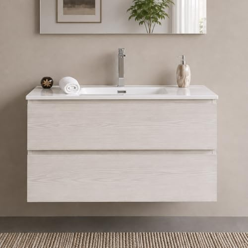 Yellowshop | Mobile Bagno Sospeso CLOE - Composizione Completa con Lavabo Ceramica, Chiusura Soft Close, Finitura Frassino Moirè (80 cm, Mobile con Lavabo)