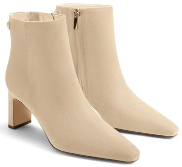 Coutgo Womens Ankle Boots Chunky Heel Closed Toe Booties Side Zipper Winter Dress Shoes,Nude,size 8.5