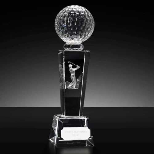 TROPHIESPLUSMEDALS 3D Crystal Golf Award - Laser Etched Golfer Swing with Ball, Free Engraving | 17.5cm | Perfect Presentation Trophy