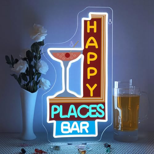 Looklight Happy Places Bar Neon Schild, Led Schild Schriftzug für Bar Dekoration, LED Light Sign Dimmbar mit USB für Cocktail-Lounges, Bier Bars, Clubs, Nachtclubs, Partys, Geschenke