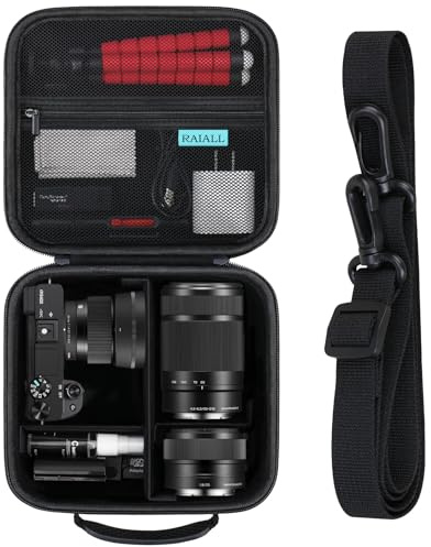 RAIALL Custodia per fotocamera digitale mirrorless Sony Alpha a6000/a6400/Sony Alpha 7 II III IV/ZV-E10 e obiettivo, borsa da viaggio rigida per fotocamera vlogging con tracolla e 3 divisori, Nero