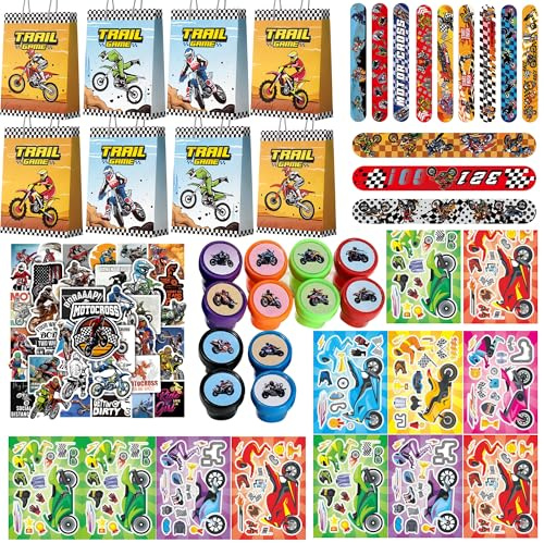 Fruitful Jewelry Motorcycle Birthday Party Favors Bags Fillers, 110pcs Dirtbike Party Goodie Bag Bracelets Stampers DIY Motorcycle Stickers etc Dirt Bike Birthday Party Decorations Supplies
