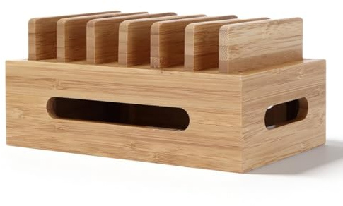 Cyrank Ladestation aus Holz, Holz Ladestation für Mehrere Geräte, 6-Port-Basis, Ladestations-Organizer, Multi-Device-Organizer, Handy-Dockingstation, Aufbewahrungsbox für Smartphones und Tablets