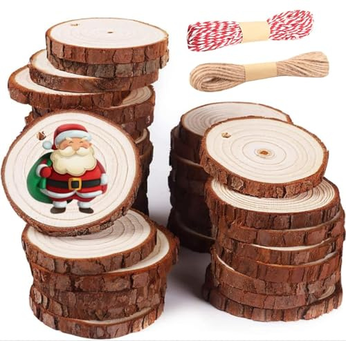 pangutheos Natale Fai Da Te Grezzo Diametro 5-6cm 30 Pezzi Dischi Legno Naturale Con 10m Corda per Decorativi, Intagliare, Disegnare