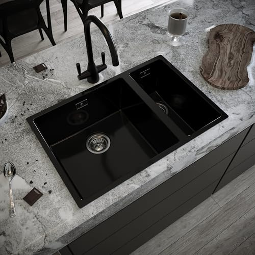Verossi | 1.5 Bowl Comite Kitchen Sink | Inset or Undermounted | Chrome Strainer Wastes Supplied | 670x440x206mm | Gloss Black