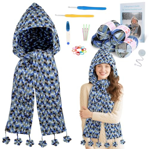 Aeelike Kapuzenschal Häkelset für Anfänger, Starter Häkelset mit 2 Pcs Häkelnadeln 4,5mm 4,0mm, Häkelgarn, Zubehör, Niedlich Häkeln für Anfänger Set mit Schritt-für-Schritt-Anleitung, Blau Häkeln Set
