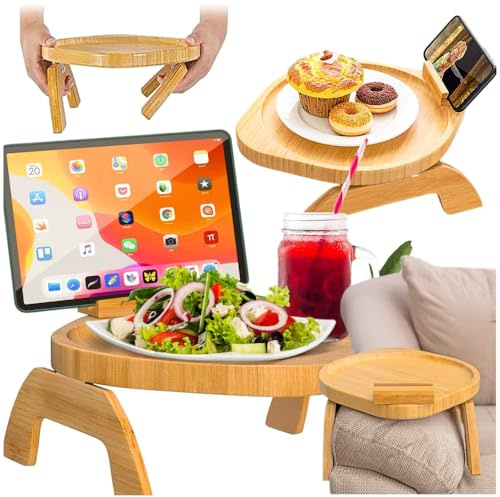ZOLTA Bambus Sofaablage mit klappbaren Beinen und drehbarer Tablet und Smartphone Halterung Couch Organizer Sofatisch Beistelltisch Armlehnenablage Frühstückstablett Holz Serviertisch Natur