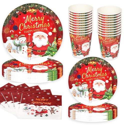 50 Pièces Vaisselle de Noel,Noël Decoration de Fête Set,Assiettes en Carton de Noëls,Père Noël Rouge Elk Assiette en Papier de noël,pour Décorations de Fêtes (10 Invités)