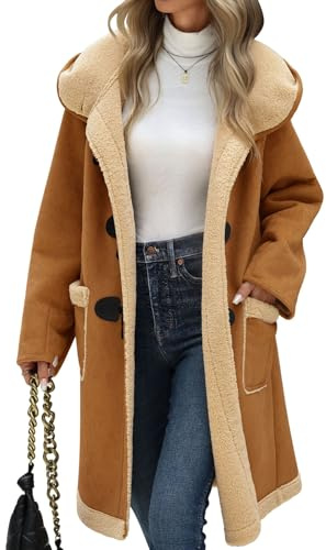 UMIPUBO Women Suede Sherpa Fleece Lined Duffle Faux Leather Coat Mid Length Hooded Toggle Jacket with Pockets, Dark Khaki, L