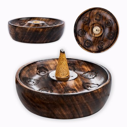 Räucherhalter für Stäbchen & Kegel, Mangoholz mit Aschefänger - 7-Chakren, Handarbeit, sicher & stabil, Zen-Deko, Räucherschale, Aromatherapie