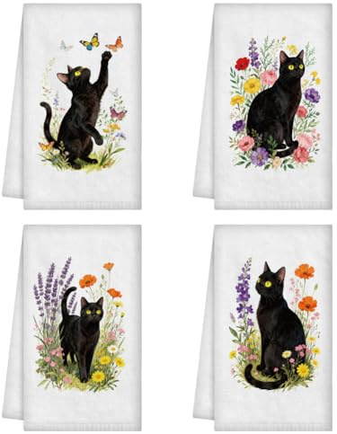 WADORN 4 Stück Handtücher Mit Schwarzem Katzen Blumen, Lustiges Kochen Geschirrtuch Mit Katzen Blumen Und Schmetterlingen Dekorativ Weich Saugfähig Tier Küchentuch Zum Kochen 60x40cm