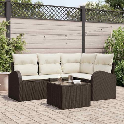 Bucmath Garten Loungeset 5-teilig, Poly-Rattan Sofa Set mit Kissen, Braun und Weiß, Modular, UV-beständig, Wetterfest für Terrasse Balkon