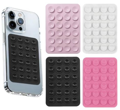 CEJAS 4 Pezzi Ventose per Telefono in Silicone - Supporto Autoadesivo per Selfie, Video e Ricarica Senza Fili - Compatibile con Tutti i Modelli (Nero, Bianco, Rosa)