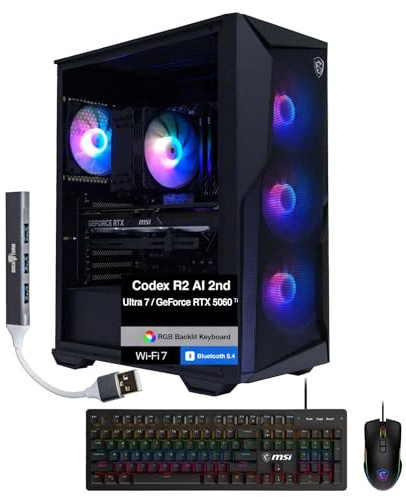 msi Codex R2 AI 2nd AI Gaming Desktop PC (Intel Ultra 7-265, GeForce RTX 5060 Ti 16GB GDDR7, 32GB DDR5, 2TB PCIe SSD, RGB Fans, 650W PSU, WiFi 7, Bluetooth 5.4, Win 11 Pro) w/DKZ USB Port Expander