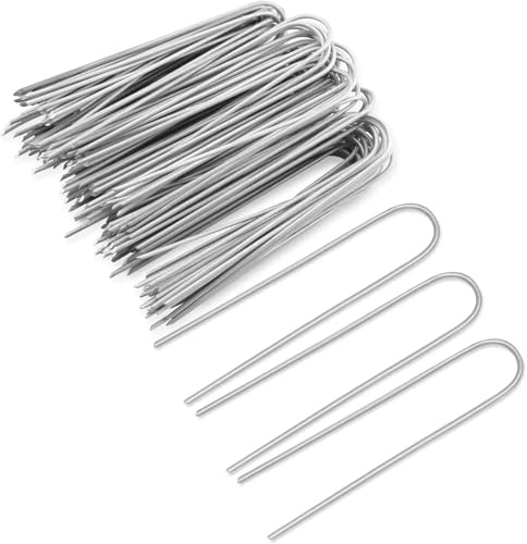 100 Grapas de jardín Tipo U Resistentes for paisajismo, Vallas, Tubos, estacas, pasadores césped, galvanizadas for Sujetar el y Clavos Tierra para Hierba Artificial(3x150mm)