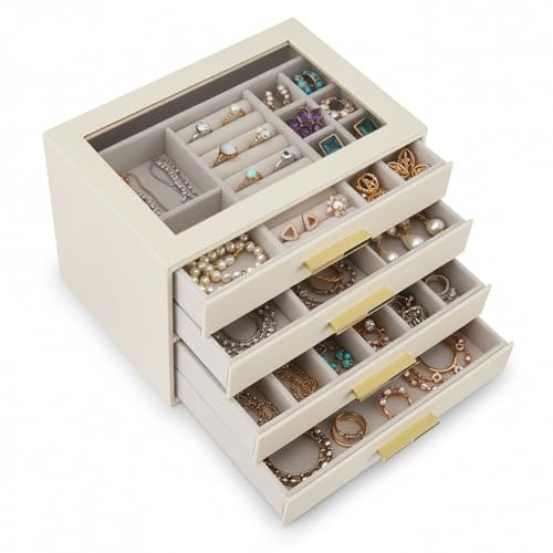 Gvdeirn Jewellery Box with Glass Lid, 4-Layer Jewelry Organiser (25x17x17cm), Adjustable Drawers PU Leather Velvet-Lined Storage, Gift for Women Necklace Earring Ring Bracelet Holder