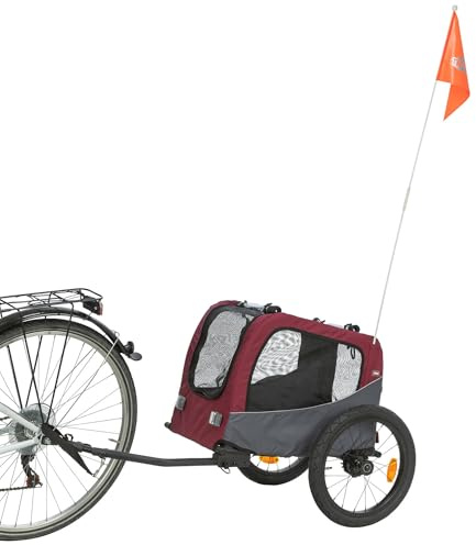 TRIXIE Hunde-Fahrradanhänger Gr. L bis 30 kg, 75 x 86 x 80 cm – grau & rot | Zusammenklappbar mit Fußbremse & Regenschutz – integrierte Kurzleine für sicheren Halt auf jeder Radtour