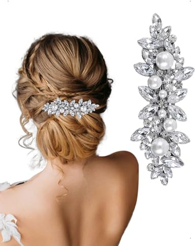 KONFEN Fermaglio per capelli con strass e perla, Accessorio per capelli da sposa argentato, Spilla con cristalli scintillanti, Fermaglio con fiori fantasia per matrimonio, damigella d'onore, argento