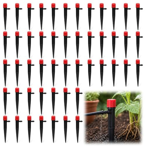 50 Piezas Pulverizadores Riego Goteo, Microaspersor para Riego por Goteo de 360° Ajustable, 8 Agujeros, Estaca Microtubo y Conectores de Barb, para Mangueras 4/7mm, Huerto y Macetas en Invernadero
