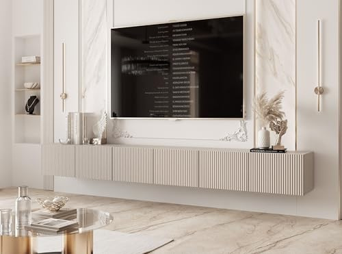 IDOHOME Meuble TV Suspendu LED 6 Compartiments 300 cm Cachemire | 300 x 40 x 36 cm, Panneau laminé, Rangement pratique, Ouverture push, Coin multimédia, Éclairage LED