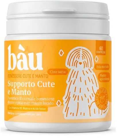 Bàu Integratore Dermatite Cane Senza Pollo, Sollievo da Prurito e Allergie Stagionali o Alimentari, Arrossamenti e Grattamento nel cane con Postbiotici, Biotina, Omega, Zinc- 60cps