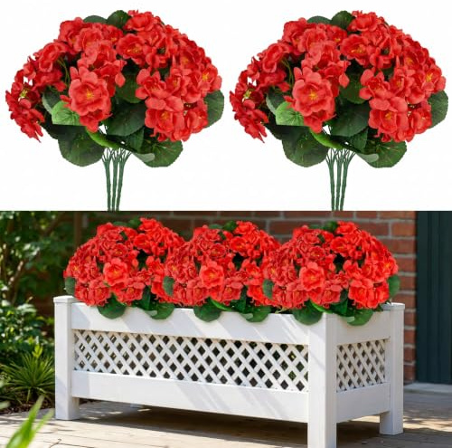 Flores artificiales para exteriores, 6 paquetes de flores de geranio rojas sintéticas, resistentes a los rayos UV, flores falsas de geranios sintéticos, flores de seda de plástico, plantas sintéticas