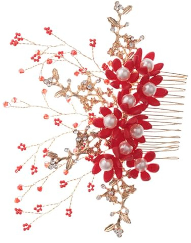 AMUSLESUR Handgefertigter Roter Haarkamm mit Perlen Eleganter Blumenförmiger Haarschmuck für Hochzeit und Besondere Anlässe Leicht und Einfach zu Tragen