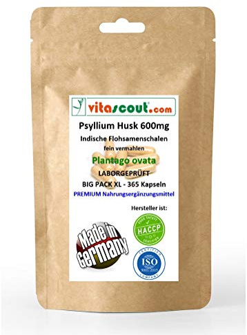 vitascout - Flohsamenschalen - 365 Vegane Kapseln, 600 mg pro Kapsel, 100% Indische Flohsamen, 5400 mg Tagesdosis, Natürliches Psyllium Husk, Laborgeprüft, Unterstützt Verdauung, Ohne Zusätze