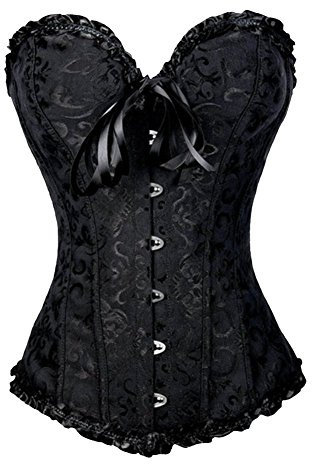 PhilaeEC Women's Plus Size Bridal Lingerie Lace up Satin Boned Corset + G-string (Black, L)