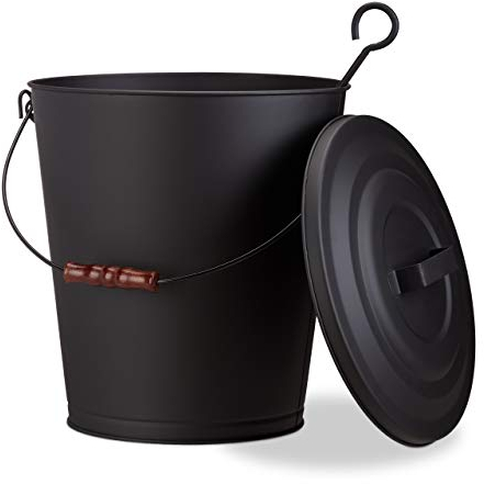 Relaxdays Secchio Raccogli Cenere con Coperchio, da 24 L, Coperchio con Manico & Impugnatura in Legno, Nero