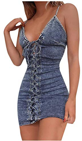SoLu DAY8 Robe Jean Femme Été à Bretelles Mini Robe Femme Sexy Dos Nu Crayon Moulante Courte Soirée Cocktail Chic sans Manches Vintage Retro Clubwear (Bleu, M)