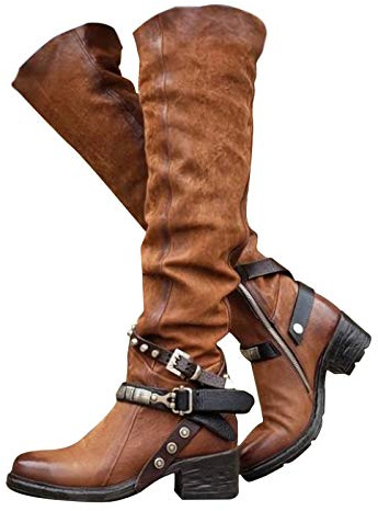 Minetom Damen Hohe Stiefel Winter Schuhe mit Absatz Kunstleder Schnalle Langschaft Overknee Stiefel Kniehohe High Heels Lang Boots Braun 39 EU