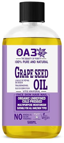 OA3 Grapeseed Oil 500ml – Pure, Natural, Vegan & GMO-Free – Ideal Carrier Oil and Moisturizer for Hair, Skin, Face & Nails