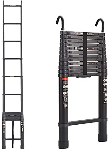 Telescopic Ladder Multi-Purpose Ladder with Roof Hooks, 5M Aluminum Extendable Folding Attic Ladder, 330lbs Max Load Capacity, Weight 28.4lbs Portable DIY Ladder, Easy to Store or Transport