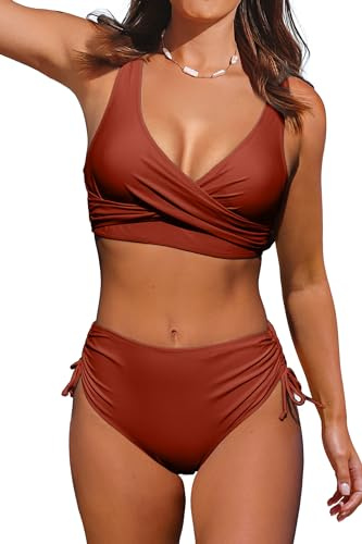 Beachsissi Damen Cross Back Badeanzüge Leopard Twist Front Bademode Kordelzug Side Bikini Sets (M, Ziegelrot)