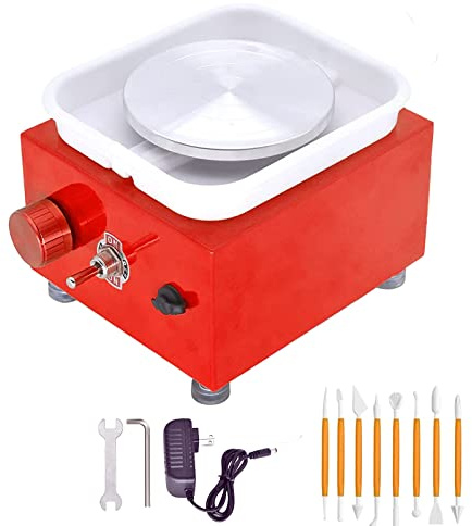 DYOUen Elektrische Töpferscheibe -Tonmaschine Mit 10 cm Drehteller und Abnehmbarem ABS Schallwand Pottery Wheel Drehteller Elektrisch Minitopf Töpferset für Anfänger Weihnachten (Rot)