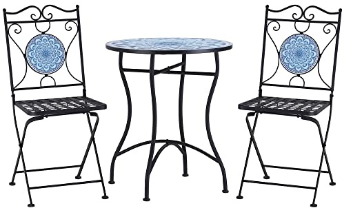 Outsunny Set da Giardino 3 Pezzi con Mosaico, Tavolino da Esterno Rotondo con 2 Sedie Pieghevoli in Metallo, Blu