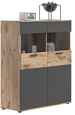 Newroom Vitrine Eiche Basalt Grau Glasvitrine Vitrinenschrank Wohnzimmer | Glastür und offene Fächer, Einlegeböden, Bügelgriff schwarz, zweifarbig, Wohnzimmerschrank stehend, für Deko und Geschirr