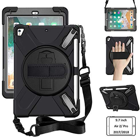 Junfire Hülle für ipad 6./5. Generation, iPad 9,7 Zoll Stoßfeste Robust Panzerhülle mit Stifthalter, Drehbar Stände, Handschlaufe und Schultergurt für iPad 9,7 Zoll 2018/2017-Schwarz