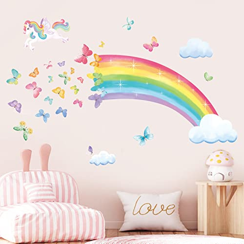 decalmile Wandsticker Regenbogen Einhorn Wandtattoo Mädchen Schmetterlinge | Abziehbare und Aufklebbare Wandaufkleber, DIY Abnehmbare Wandkunst Abziehbilder, Wandfreundlich, Leuchtenden Farben