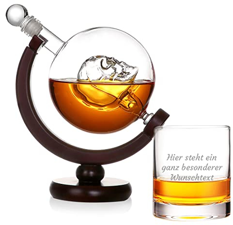 polar-effekt Whisky Skull Karaffe 850 ml Set mit Wunschgravur - Motiv: Wunschtext - mit personalisiertes Glas 320 ml - inklusive Holzfuß - Deko, Bar - Scotch, Bourbon, Whiskey - Vatertag, Geburtstag