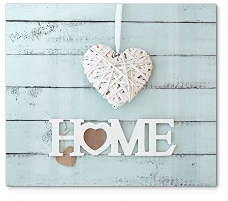 DEQORI Herdabdeckplatte Glas | einteilig 60x52 cm | Motiv Holzschrift HOME | Ceranfeld Abdeckplatte für Küche | Herd-Abdeckung universal | Glasplatte & Schneidebrett für Kochplatten