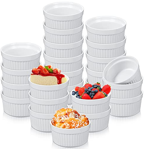 Xinnun 24 Pcs 4 oz Ramekins Creme Brulee Dishes Oven Safe Classic Porcelain Ramekins Set for Baking, Creme Brulee, Souffle, Appetizer, Custard, Pudding, Dipping Bowl, White