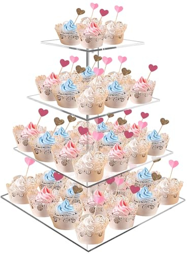 LYCN 4 Tier Acrylic Cupcake Stand, Square Cake Display Stand Clear Dessert Pastry Tower, Cupcake Stand Holder Tree for Birthday Wedding Baby Shower Party DéCor
