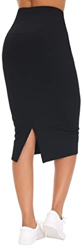 THE GYM PEOPLE Jupe Crayon Femme Taille Haute Extensible avec Contrôle du Ventre - Modèle Moulant Midi sous Le Genou à Fente Dos, Noir, XL